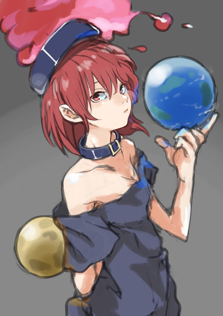 1girl arm_behind_back bangs bare_shoulders black_shirt breasts cleavage collar collarbone earth_(ornament) grey_background hecatia_lapislazuli highres looking_at_viewer moon_(ornament) nose off-shoulder_shirt red_eyes redhead shirt sketch small_breasts solo touhou uno_(union)