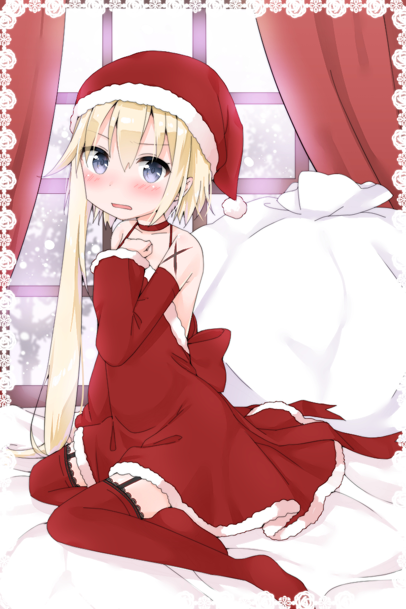 1girl arm_support asymmetrical_hair bangs bare_shoulders bed blonde_hair blue_eyes blush bow christmas collarbone curtains detached_sleeves dress eyebrows_visible_through_hair full_body fur-trimmed_dress fur_trim garter_straps hair_between_eyes halterneck hand_up hat highres indoors lace lace-trimmed_thighhighs lace_border long_hair long_sleeves looking_at_viewer no_shoes open-back_dress original parted_lips red_bow red_dress red_hat red_legwear sack santa_costume santa_hat sitting sleeveless sleeveless_dress snowing solo thigh-highs tia-chan tree uchuuneko very_long_hair wide_sleeves window yokozuwari