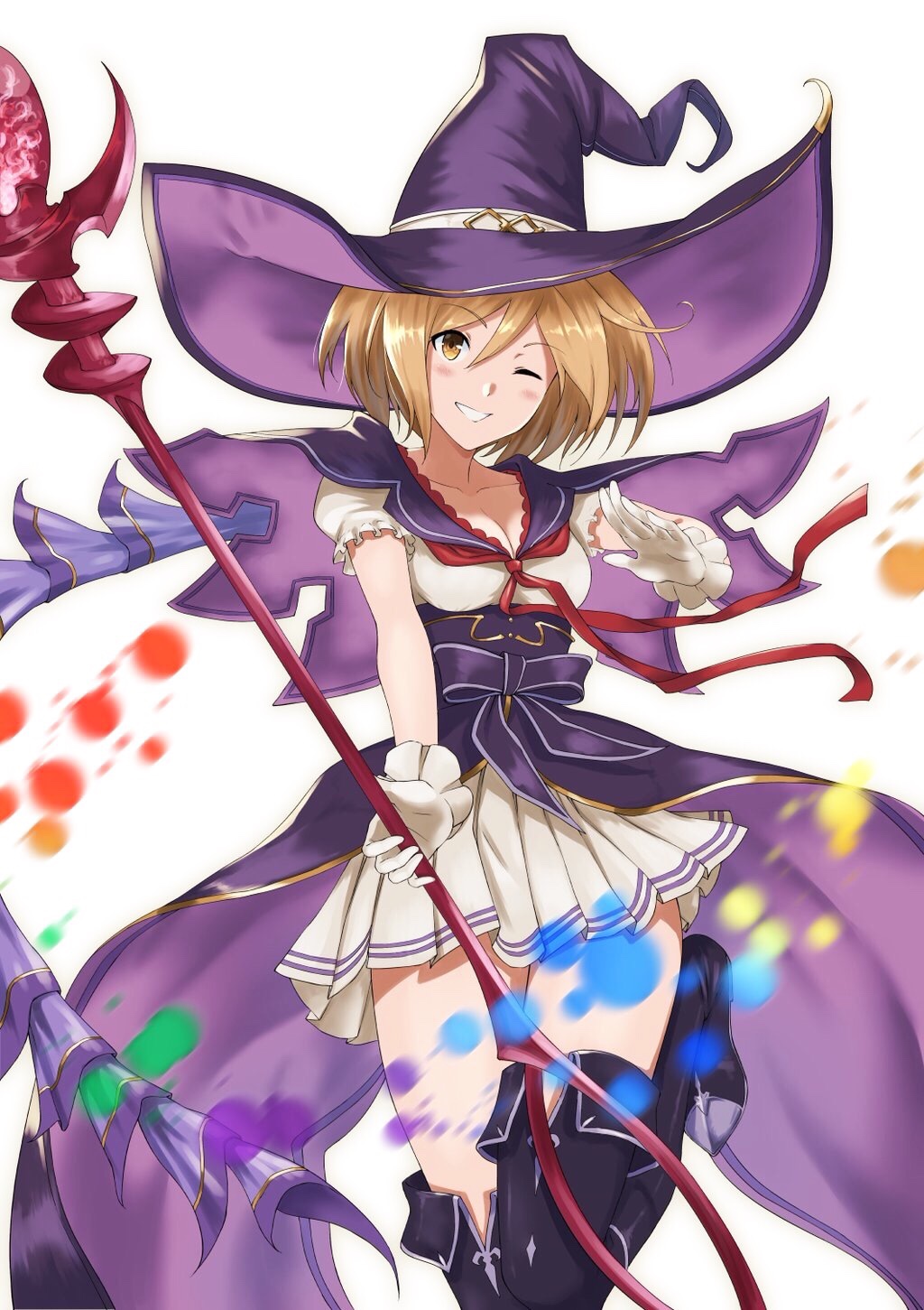 1girl bangs black_footwear blonde_hair boots bow breasts capelet chokuro cleavage coattails collarbone commentary_request djeeta_(granblue_fantasy) dress eyebrows_visible_through_hair gloves granblue_fantasy grin hair_between_eyes hand_up hat head_tilt highres holding holding_staff leg_up looking_at_viewer medium_breasts motion_blur neckerchief one_eye_closed outstretched_arm pleated_dress puffy_short_sleeves puffy_sleeves purple_bow purple_capelet purple_hat red_neckwear shiny shiny_hair short_dress short_hair short_sleeves simple_background smile solo staff standing standing_on_one_leg thigh-highs thigh_boots warlock_(granblue_fantasy) white_background white_dress white_gloves witch witch_hat yellow_eyes