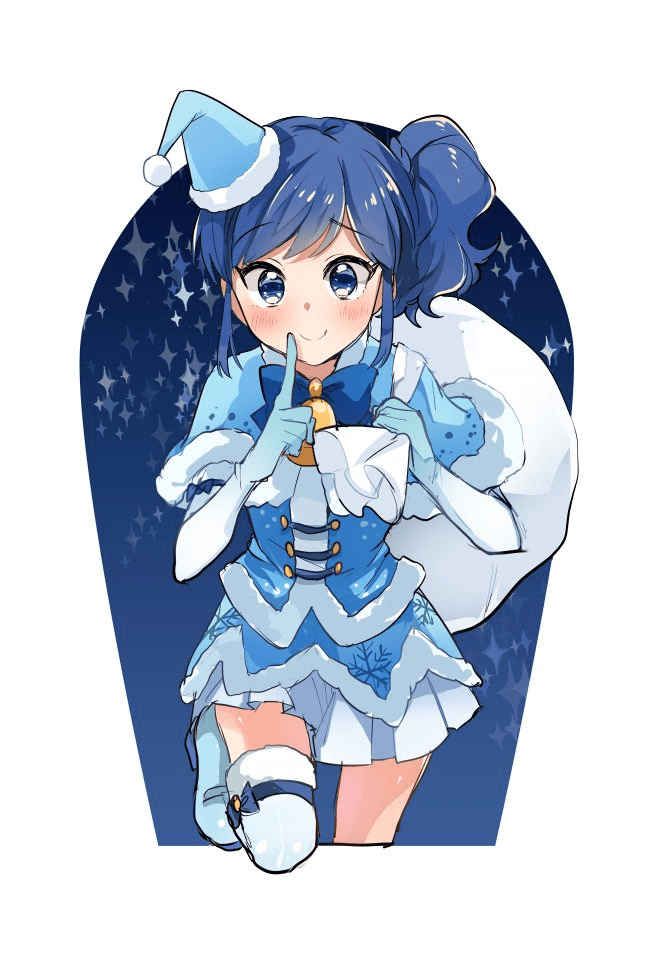 1girl aikatsu! aikatsu!_(series) bangs bell blue_bow blue_capelet blue_eyes blue_footwear blue_hair blue_headwear blue_santa_costume blue_shirt boots bow capelet christmas climbing closed_mouth commentary elbow_gloves finger_to_mouth fur-trimmed_capelet fur-trimmed_shirt fur_trim gloves hat holding holding_sack index_finger_raised kiriya_aoi knee_up looking_at_viewer medium_hair mini_hat mini_santa_hat miniskirt neck_bell night night_sky onbin_ha over_shoulder pleated_skirt sack santa_costume santa_hat shirt shushing side_ponytail skirt sky smile snowflake_print solo standing thigh-highs tilted_headwear white_gloves white_skirt white_thighhighs