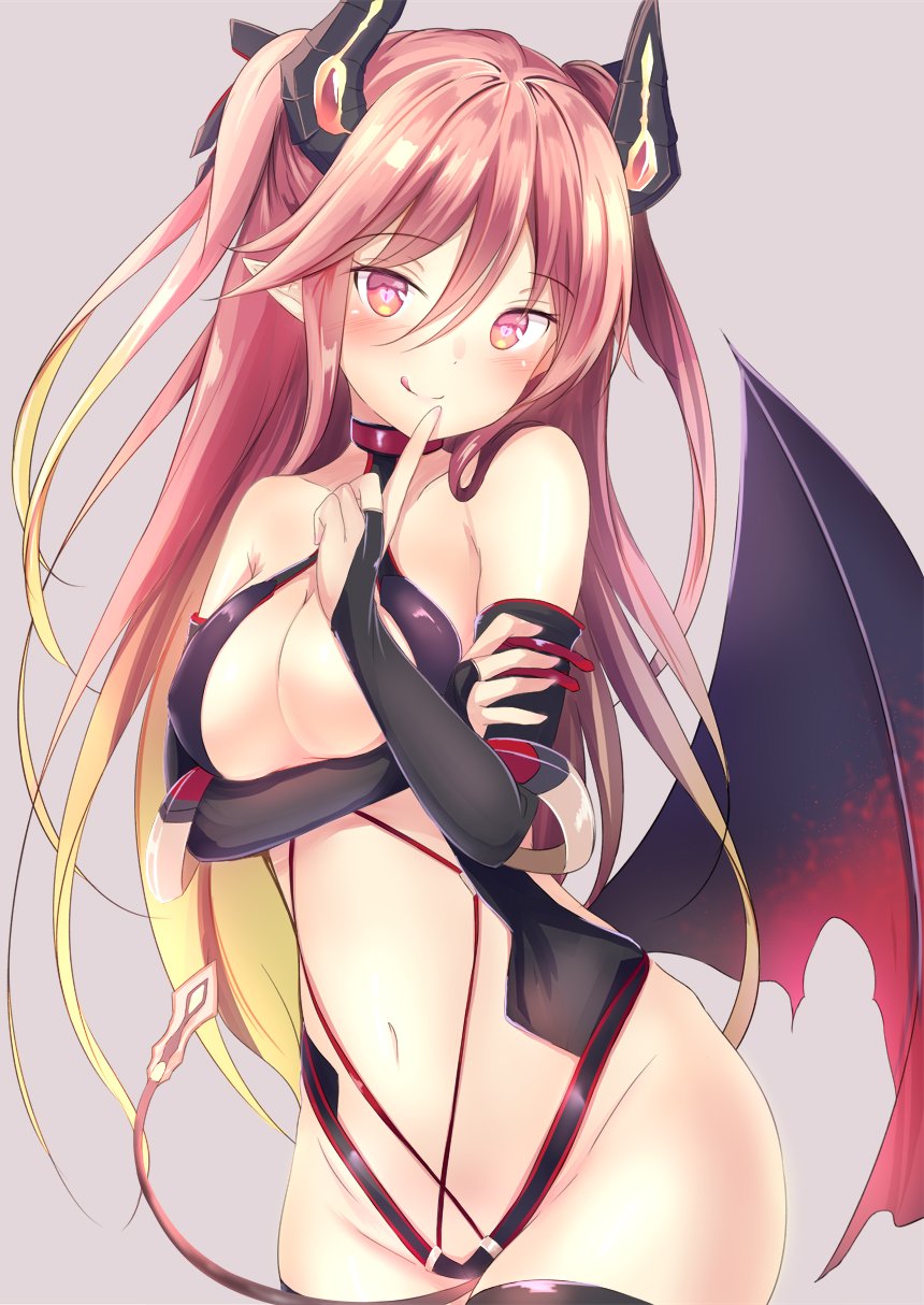1girl :d bare_shoulders black_gloves blush breasts cleavage collar crossed_arms demon_girl demon_horns demon_tail demon_wings elbow_gloves finger_to_mouth gloves heart heart-shaped_pupils highres horns long_hair looking_at_viewer medium_breasts multicolored_hair navel open_mouth phantasy_star phantasy_star_online_2 pink_hair pointy_ears red_eyes smile solo string_panties symbol-shaped_pupils tail thigh-highs twintails wings yuano