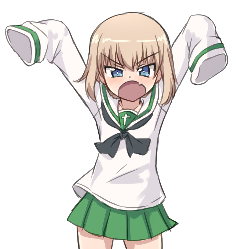 &gt;:o 1girl :o arms_up blouse blue_eyes chikuwa_(majihima) commentary_request cowboy_shot eyebrows_visible_through_hair fang girls_und_panzer green_skirt katyusha light_brown_hair looking_at_viewer neckerchief ooarai_school_uniform pleated_skirt school_uniform serafuku short_hair simple_background skirt sleeves_past_wrists solo white_background white_blouse