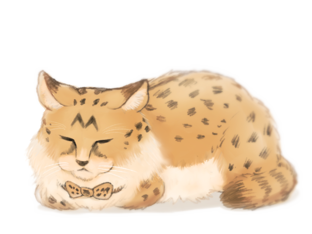 animalization bow bowtie cat_day closed_eyes closed_mouth facing_viewer full_body kemono_friends lying no_humans on_stomach orange_neckwear serval serval_(kemono_friends) shirosato simple_background sleeping solo white_background