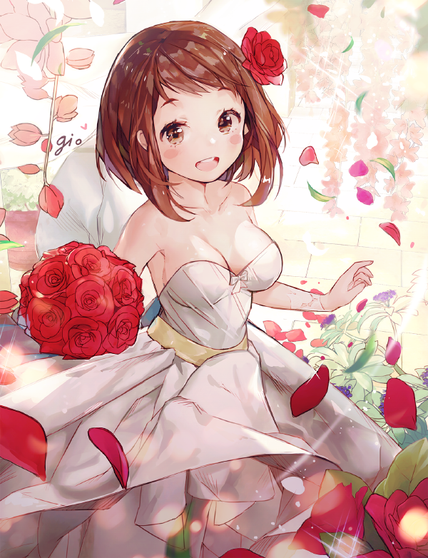 1girl :d artist_name bare_arms bare_shoulders blurry blush boku_no_hero_academia bouquet breasts brown_eyes brown_hair cleavage collarbone cowboy_shot depth_of_field dress flower gio_(maroon0924) hair_flower hair_ornament holding holding_bouquet looking_at_viewer medium_breasts open_mouth pavement petals red_rose revision rose round_teeth short_hair sleeveless sleeveless_dress smile solo sparkle teeth uraraka_ochako wedding_dress white_dress wind