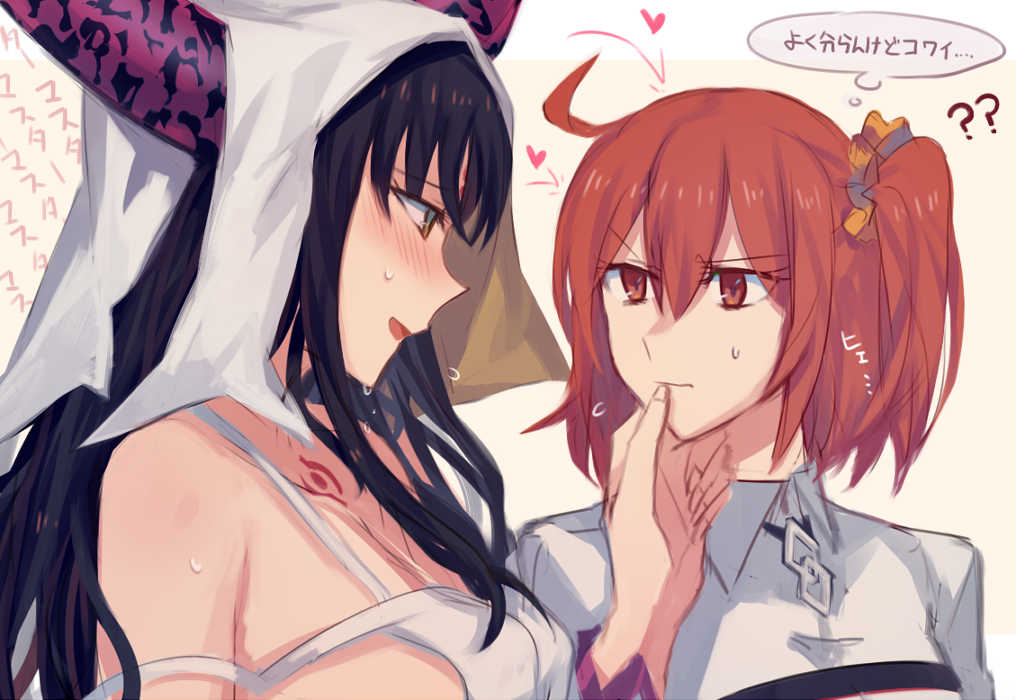 2girls ?? aoki_shizumi bare_shoulders black_hair blush breasts brown_eyes fate/extra fate/extra_ccc fate/grand_order fate_(series) flying_sweatdrops fujimaru_ritsuka_(female) hair_between_eyes hand_on_another's_chin heart horns long_hair looking_at_another medium_breasts multiple_girls open_mouth orange_eyes orange_hair scrunchie sesshouin_kiara sideboob sweat tattoo translation_request upper_body veil yuri