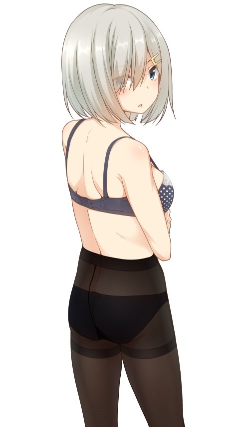 1girl ass black_panties blue_eyes blush bra breasts crotch_seam from_behind hair_ornament hair_over_one_eye hairclip hamakaze_(kantai_collection) kantai_collection looking_at_viewer looking_back medium_breasts nagami_yuu open_mouth panties panties_under_pantyhose pantyhose purple_bra short_hair silver_hair simple_background solo standing thighband_pantyhose underwear upper_body white_background