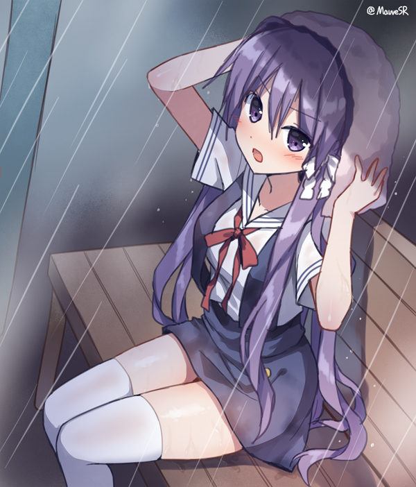 1girl arms_up bangs bench blue_skirt blush bow clannad collarbone drying drying_hair eyebrows_visible_through_hair fujibayashi_kyou hair_between_eyes hair_bow hair_ribbon long_hair looking_at_viewer looking_to_the_side mauve open_mouth pink_towel purple_hair rain red_ribbon ribbon school_uniform serafuku shirt short_sleeves sitting skirt solo suspender_skirt suspenders thigh-highs towel towel_on_head twitter_username very_long_hair violet_eyes white_bow white_legwear white_sailor_collar white_shirt