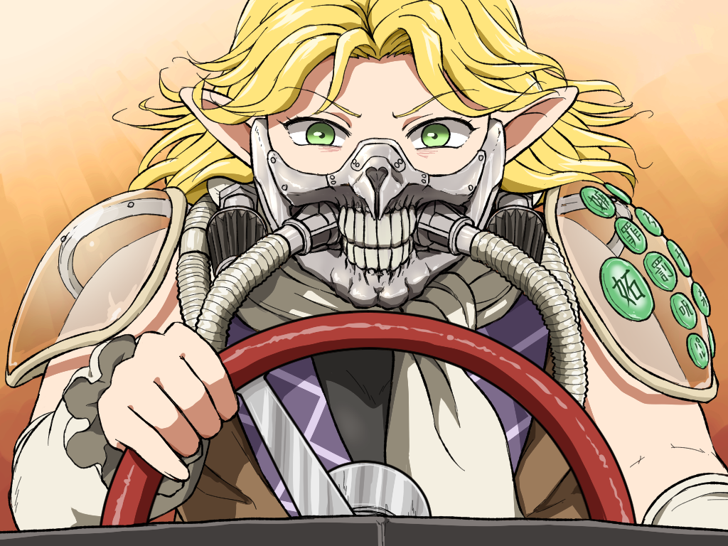 1girl blonde_hair driving eyebrows_visible_through_hair face_mask fusion green_eyes immortan_joe long_hair looking_at_viewer mad_max mad_max:_fury_road mask mizuhashi_parsee pointy_ears scarf shirosato shoulder_pads solo touhou upper_body white_scarf wide-eyed