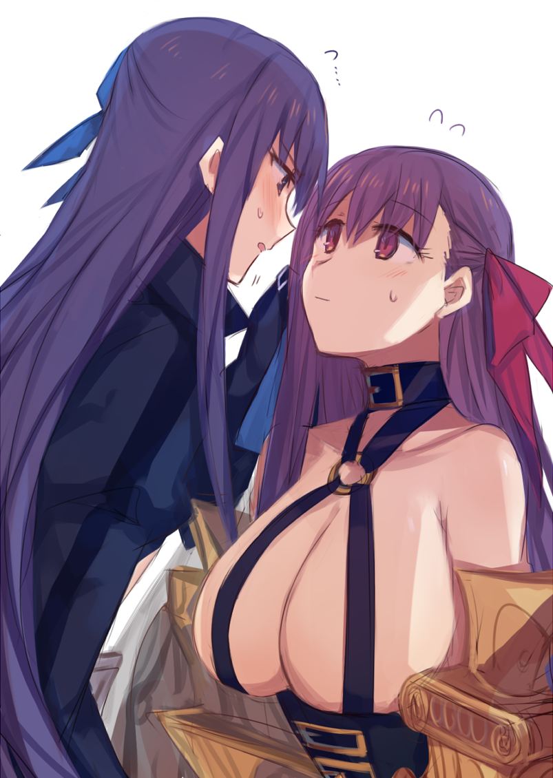 2girls aoki_shizumi bare_shoulders blue_eyes blue_ribbon breasts cleavage collar fate/extra fate/extra_ccc fate_(series) flying_sweatdrops hair_ribbon huge_breasts long_hair looking_at_another looking_down looking_up meltlilith multiple_girls o-ring_top open_mouth passion_lip pink_eyes purple_hair red_ribbon ribbon sweat yuri