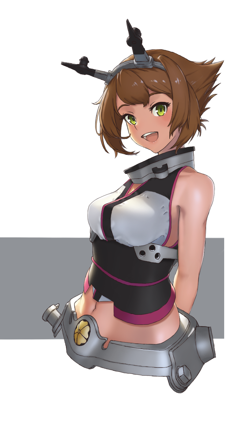 1girl arms_behind_back bangs bare_arms breasts brown_hair collar crop_top cropped_torso flipped_hair green_eyes headgear highres kantai_collection lips looking_at_viewer medium_breasts metal_belt midriff mutsu_(kantai_collection) open_mouth shijia_ba short_hair simple_background solo upper_body white_background