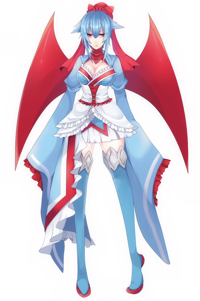 1girl asame21 blue_footwear blue_hair blue_legwear boots breasts cleavage frills full_body highres long_sleeves looking_at_viewer personification pokemon red_eyes salamence skirt solo standing thigh-highs thigh_boots white_skirt wide_sleeves wings
