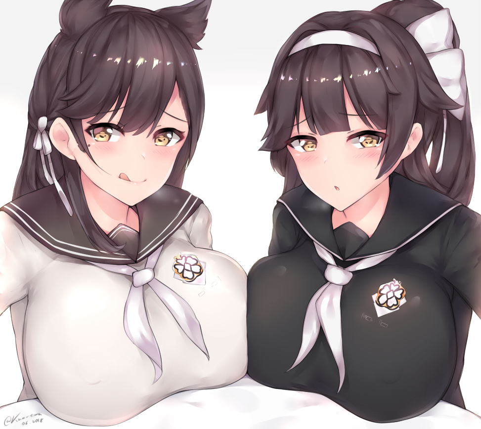 2girls :o :q animal_ears atago_(azur_lane) azur_lane black_hair breast_press breasts hair_ribbon kuavera large_breasts long_hair looking_at_viewer mole mole_under_eye multiple_girls parted_lips ribbon school_uniform serafuku simple_background symmetrical_docking takao_(azur_lane) tongue tongue_out white_background yellow_eyes