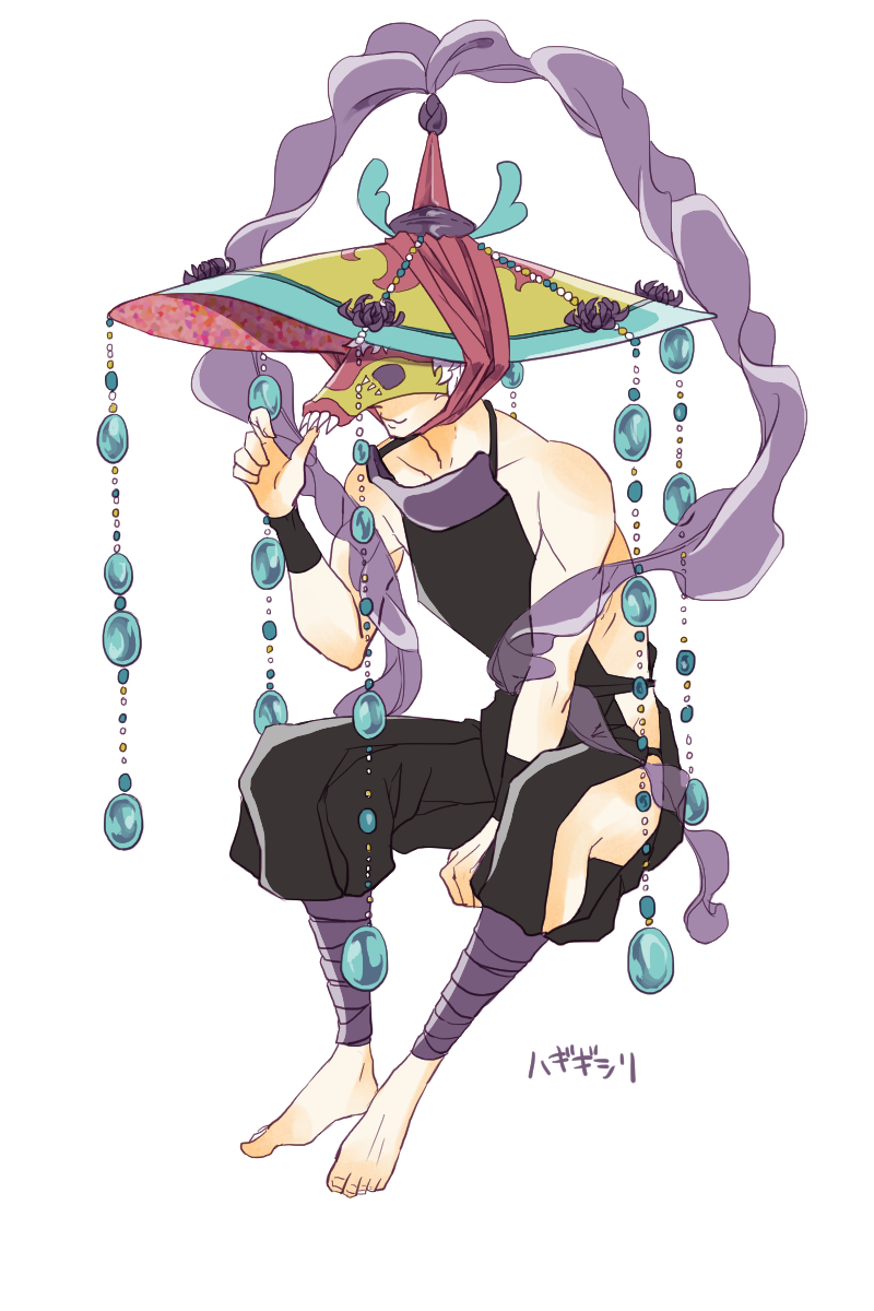 1boy barefoot bruxish hand_up hat highres male_focus mask personification pokemon silk sitting smile solo uzou