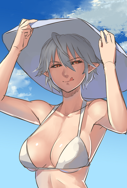 1girl :q ahoge armpits bare_arms bare_shoulders black_sclera blue_sky breasts closed_mouth clouds eyebrows_visible_through_hair hair_between_eyes hands_on_headwear hat large_breasts lilim_(monster_girl_encyclopedia) looking_at_viewer mari_(maritan) maritan_(pixelmaritan) monster_girl_encyclopedia outdoors pointy_ears red_eyes silver_hair sky slit_pupils smile solo sun_hat tongue tongue_out upper_body white_hat