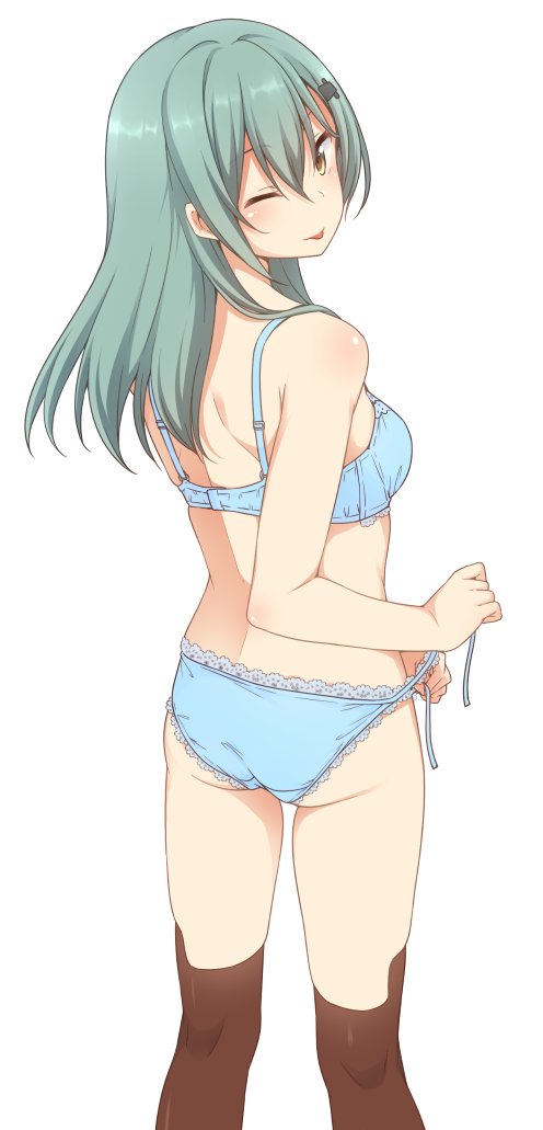 1girl aqua_hair ass blue_bra blue_panties blush bra breasts brown_eyes brown_legwear flat_ass from_behind hair_ornament hairclip kantai_collection kneehighs long_hair looking_at_viewer looking_back medium_breasts nagami_yuu one_eye_closed panties side-tie_panties simple_background smile solo suzuya_(kantai_collection) tongue tongue_out underwear underwear_only upper_body white_background