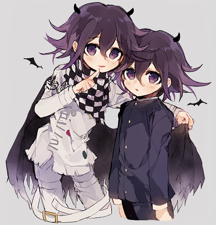 2boys cape checkered_scarf dangan_ronpa finger_to_mouth multiple_boys new_dangan_ronpa_v3 open_mouth ouma_kokichi purple_hair scarf school_uniform straitjacket suke_(mo8460) violet_eyes