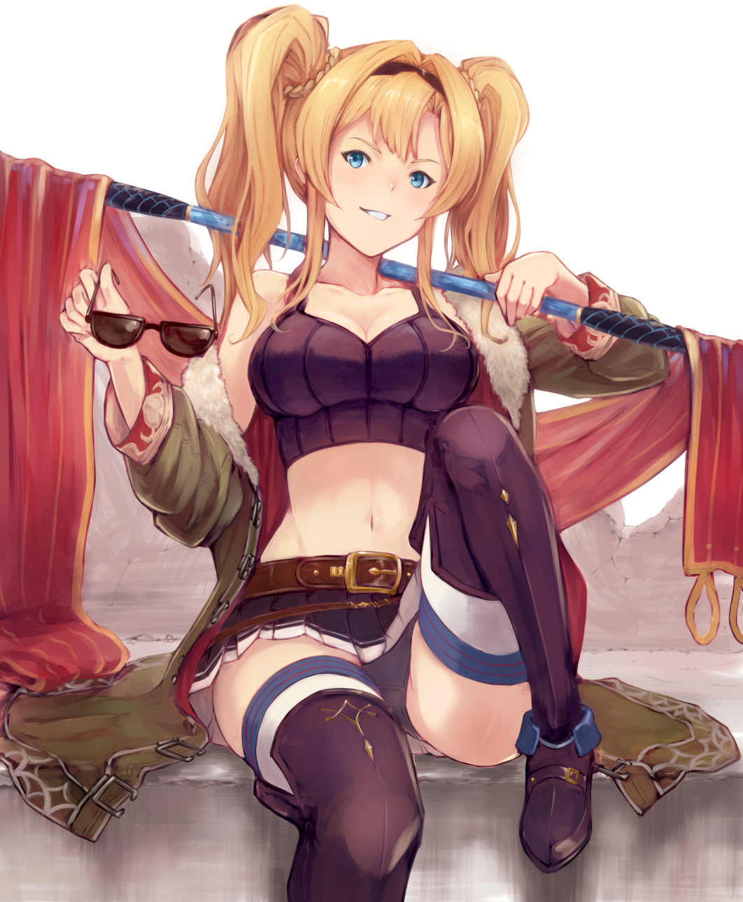 1girl bangs bare_shoulders belt_buckle black_bra black_footwear black_hairband black_panties black_skirt blonde_hair blue_eyes boots bra braid breasts brown_belt buckle chokuro cleavage coat collarbone commentary_request eyewear_removed french_braid fur-trimmed_coat fur_trim granblue_fantasy green_coat grin hairband highres holding_eyewear impossible_clothes knee_up large_breasts long_hair long_sleeves looking_at_viewer midriff miniskirt multicolored multicolored_clothes navel off_shoulder open_clothes open_coat over_shoulder panties pantyshot pantyshot_(sitting) parted_bangs parted_lips pleated_skirt polearm red_coat revision shiny shiny_hair sidelocks simple_background sitting skirt smile solo sports_bra sunglasses thigh-highs thigh_boots thighs twintails underwear weapon weapon_over_shoulder white_background white_legwear white_panties zeta_(granblue_fantasy)