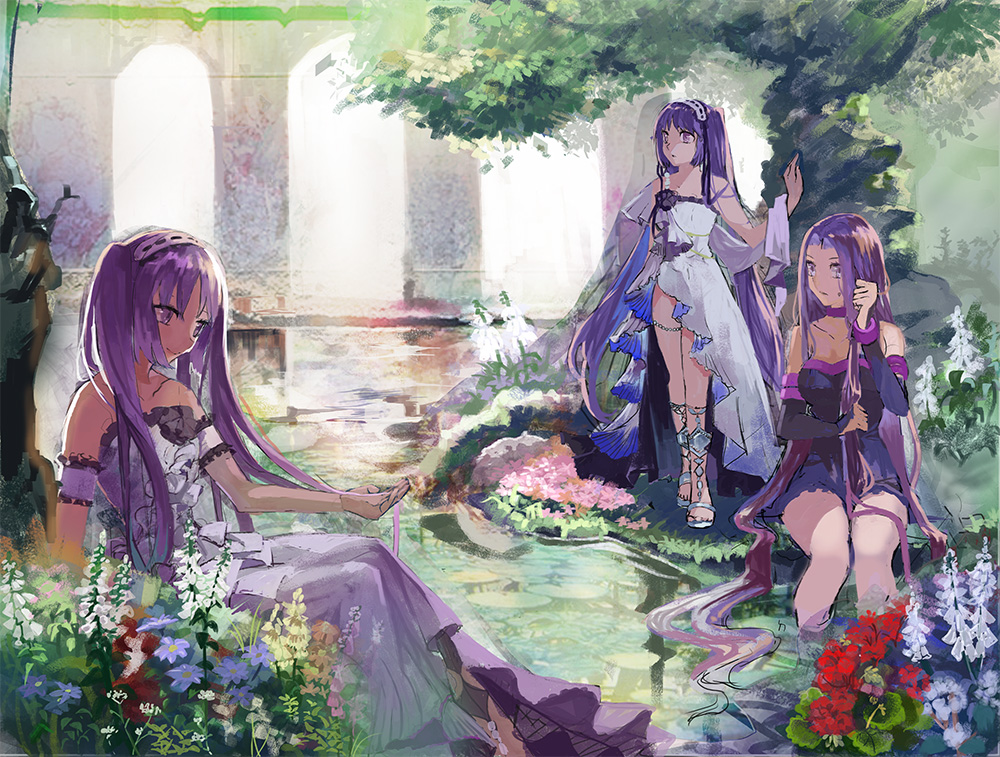 3girls black_dress blue_flower dress euryale fate/grand_order fate/hollow_ataraxia fate_(series) flower grass hairband kanimiso_(user_cnb0218) leaf lolita_hairband long_hair multiple_girls partially_submerged plant pond purple_hair red_flower rider sandals siblings sisters sitting smile standing stheno strapless strapless_dress tree twintails very_long_hair violet_eyes white_dress white_flower