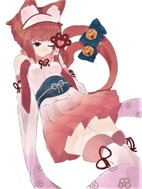 1girl alternate_costume animal_ears bare_shoulders bell bell_collar cat_ears cat_tail collar fingerless_gloves fire_emblem fire_emblem_heroes fire_emblem_if fur_trim gloves hairband japanese_clothes mikakatt one_eye_closed pink_hair sakura_(fire_emblem_if) simple_background solo tail thigh-highs white_background