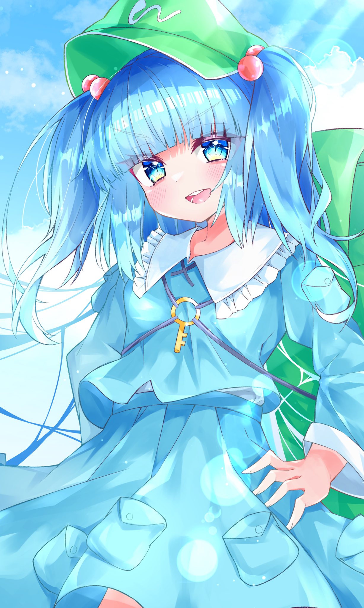 1girl :d backpack bag blue_background blue_eyes blue_hair blue_shirt blue_skirt breasts cabbie_hat contrapposto cowboy_shot eyes_visible_through_hair frilled_shirt_collar frills green_headwear hair_bobbles hair_ornament hands_on_hips hat highres kawashiro_nitori key long_hair long_sleeves looking_at_viewer p_yamax revision shirt simple_background skirt skirt_set small_breasts smile solo teeth touhou twintails two_side_up v-shaped_eyebrows