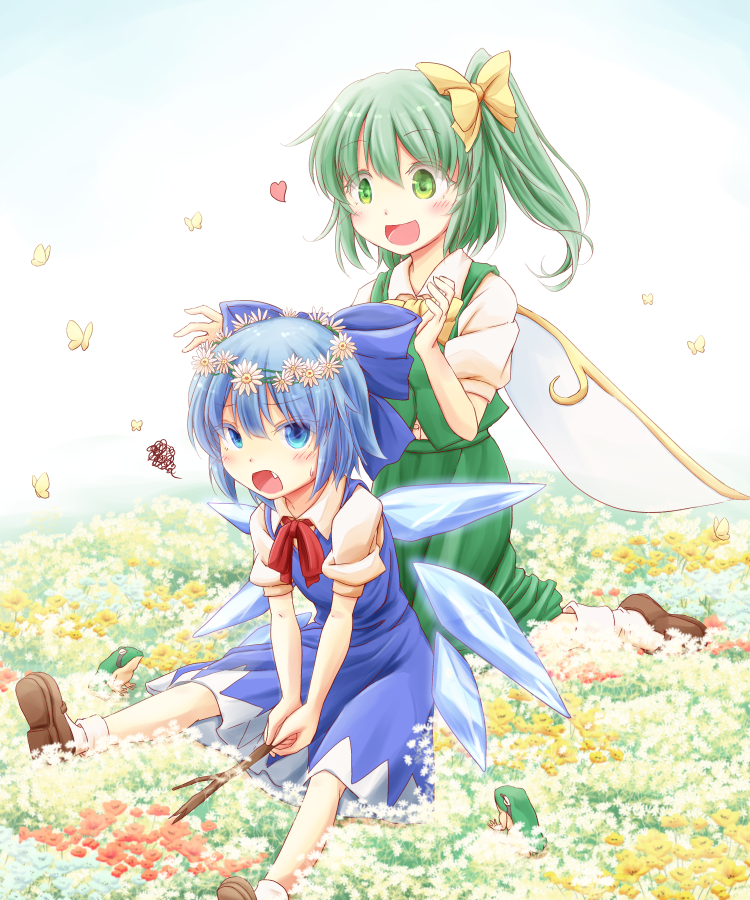 2girls bangs blue_bow blue_dress blue_eyes blue_hair bow brown_footwear cirno commentary_request daiyousei dress fairy_wings fang field flower flower_field frog green_eyes green_hair green_skirt hair_bow hair_flower hair_ornament head_wreath heart ice ice_wings kneeling leaning_forward long_hair multiple_girls open_mouth puffy_short_sleeves puffy_sleeves red_neckwear shoes short_dress short_sleeves side_ponytail sitting skirt skirt_set smile socks squiggle stick sweatdrop tamasan touhou v_arms vest white_legwear wing_collar wings yellow_bow yellow_neckwear