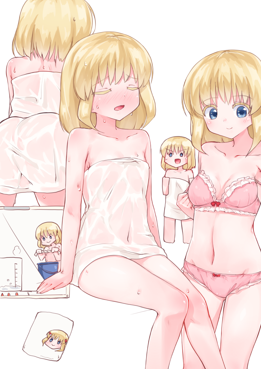 &gt;:) 1girl aislinn_wishart blonde_hair blue_eyes blush bow bow_bra bow_panties bra bra_pull bucket chibi closed_eyes closed_mouth debutya_aki eyebrows_visible_through_hair frilled_bra frilled_panties frills from_behind highres hot multiple_views naked_towel open_mouth panties pink_bra pink_panties saki short_hair simple_background sitting smile standing strap_slip sweat sweating sweating_profusely towel underwear underwear_only undressing wet wet_clothes white_background white_towel