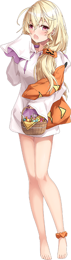 1girl ;o ahoge barefoot blonde_hair blush breasts candy chateau_d'usse_(oshiro_project) feet food full_body holding holding_basket holding_pillow long_hair medium_breasts official_art one_eye_closed open_mouth oshiro_project oshiro_project_re pillow red_eyes scrunchie sleeves_past_wrists solo standing takanashi_kei_(hitsujikan) transparent_background wavy_mouth yawning