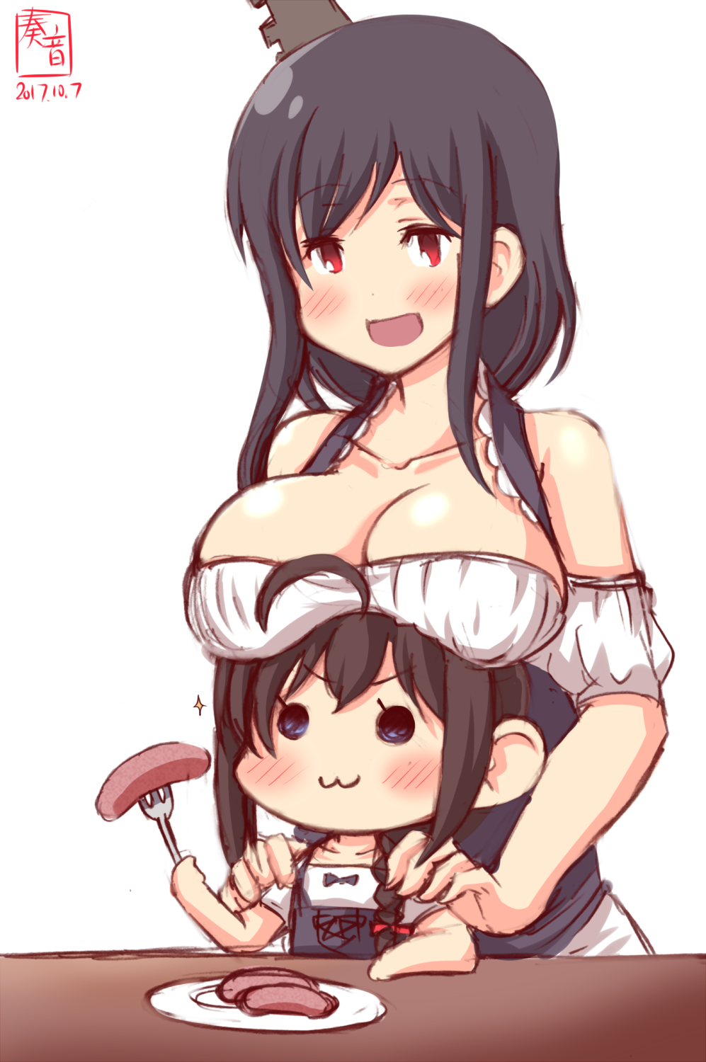2girls :d ahoge alternate_costume apron bare_shoulders black_hair blush breast_rest breasts cleavage detached_sleeves dirndl food fork german_clothes hair_ornament highres holding kanon_(kurogane_knights) kantai_collection large_breasts long_hair looking_at_viewer multiple_girls open_mouth plate red_eyes sausage shigure_(kantai_collection) short_hair sketch smile table white_background yamashiro_(kantai_collection) younger