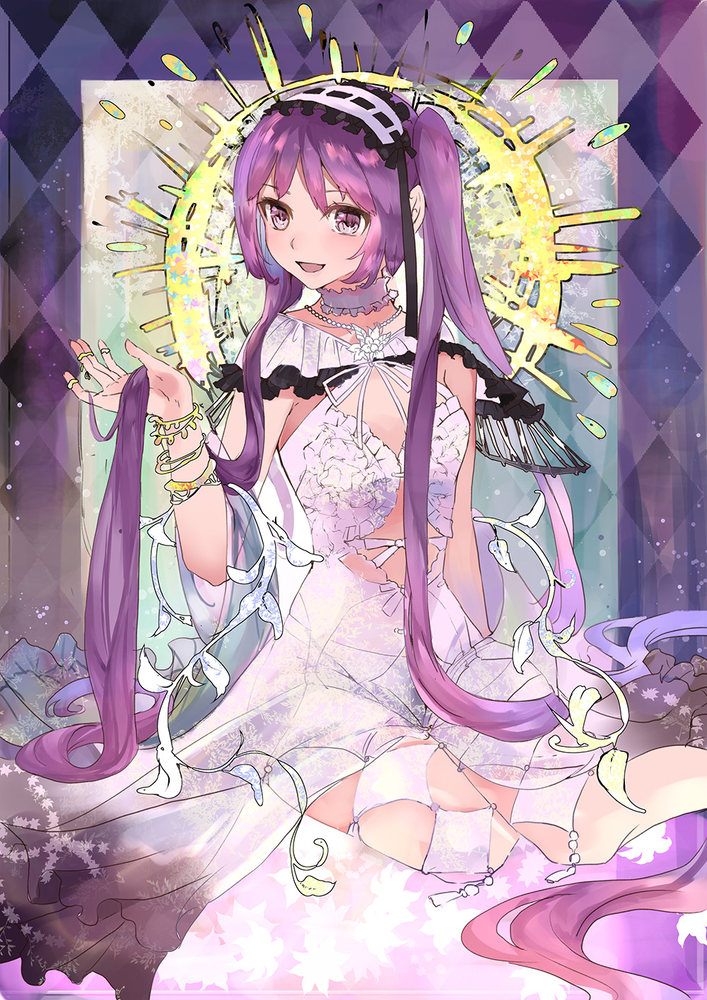 1girl absurdly_long_hair argyle black_ribbon bracelet branch dress fate/grand_order fate_(series) flat_chest frilled_hairband hairband halo highres jewelry kanimiso_(user_cnb0218) leaf lolita_hairband long_hair midriff necklace open_mouth purple_hair ribbon see-through sitting smile solo star stheno twintails very_long_hair violet_eyes white_dress yokozuwari