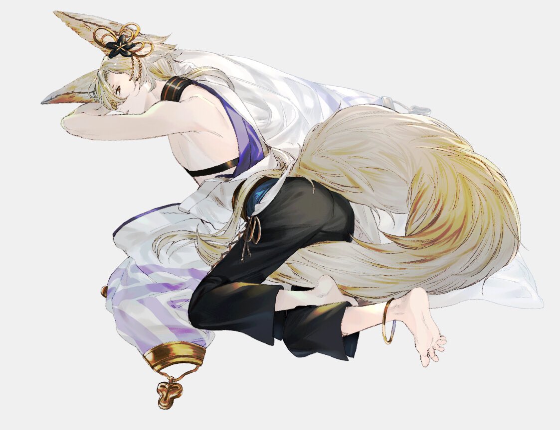 1boy animal_ears anklet ass backless_outfit barefoot brown_eyes collar elbow_gloves erun_(granblue_fantasy) fox_ears fox_tail gloves granblue_fantasy hair_ornament jewelry kou_(granblue_fantasy) long_hair lying male_focus on_stomach tail