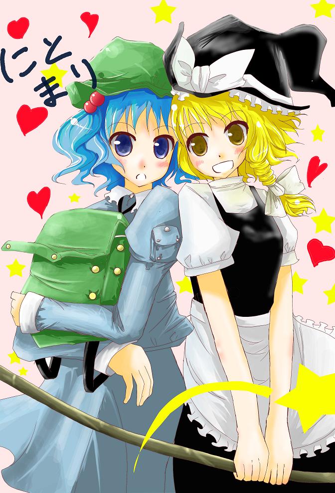 arano_oki blonde_hair blue_eyes blue_hair hat kawashiro_nitori kirisame_marisa multiple_girls saba_miso touhou yellow_eyes