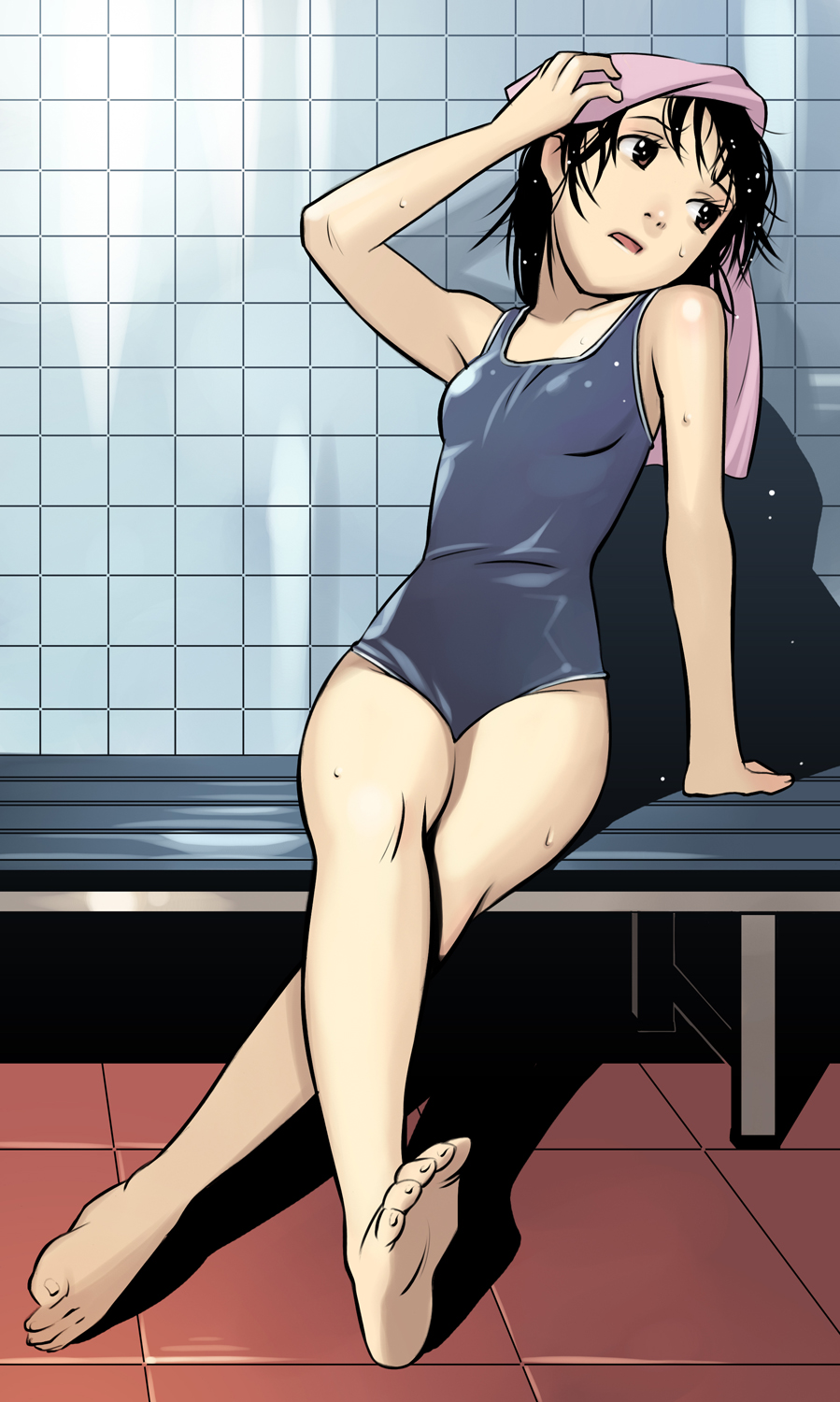 black_hair crossed_legs feet flat_chest highres legs one-piece_swimsuit original school_swimsuit sitting solo swimsuit towel wet xr650r