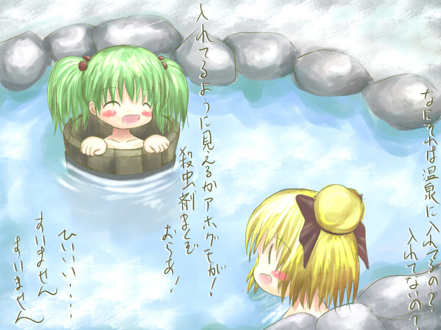 blonde_hair bucket chinko_y1y girl_in_bucket green_hair in_bucket in_container kisume kurodani_yamame touhou translated translation_request