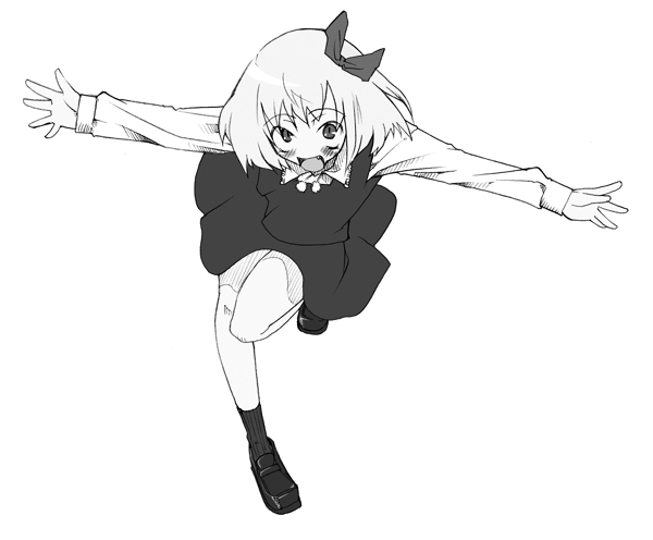 :d bow fang gengorou hair_bow leaning_forward loafers monochrome open_mouth outstretched_arms rumia shoes short_hair simple_background smile spread_arms standing_on_one_leg touhou