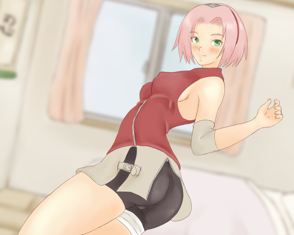 bike_shorts blush breasts erect_nipples female green_eyes haruno_sakura naruto pink_hair room skirt solo window