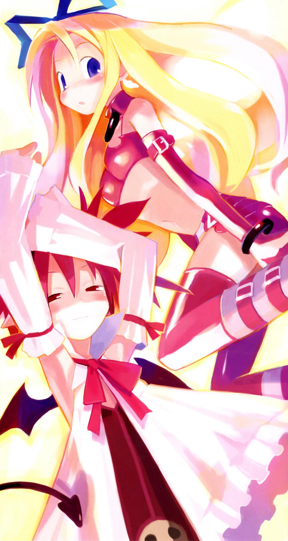 angel bat_wings blonde_hair blue_eyes bow choker collar cosplay costume_switch demon demon_girl detached_sleeves disgaea disgaea_1 disgaea_2 disgaea_3 earrings elbow_gloves etna etna_(cosplay) flat_chest flonne flonne_(cosplay) gloves highres jewelry long_hair makai_senki_disgaea multiple_girls nippon_ichi pink_hair pointy_ears red_eyes smile smirk tail wings