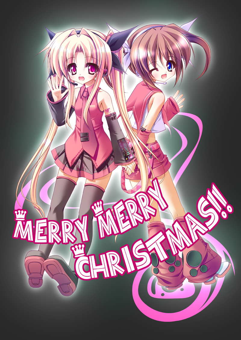 blonde_hair blue_eyes brown_hair christmas cosplay detached_sleeves fate_testarossa hair_ribbon hair_ribbons hand_holding hatsune_miku hatsune_miku_(cosplay) headphones holding_hands kagamine_rin kagamine_rin_(cosplay) kneehighs leg_warmers loose_socks mahou_shoujo_lyrical_nanoha microphone midriff multiple_girls necktie red_eyes ribbon ribbons school_uniform serafuku shorts skirt socks takamachi_nanoha teruui thigh-highs thighhighs twintails vocaloid wave waving wink zettai_ryouiki