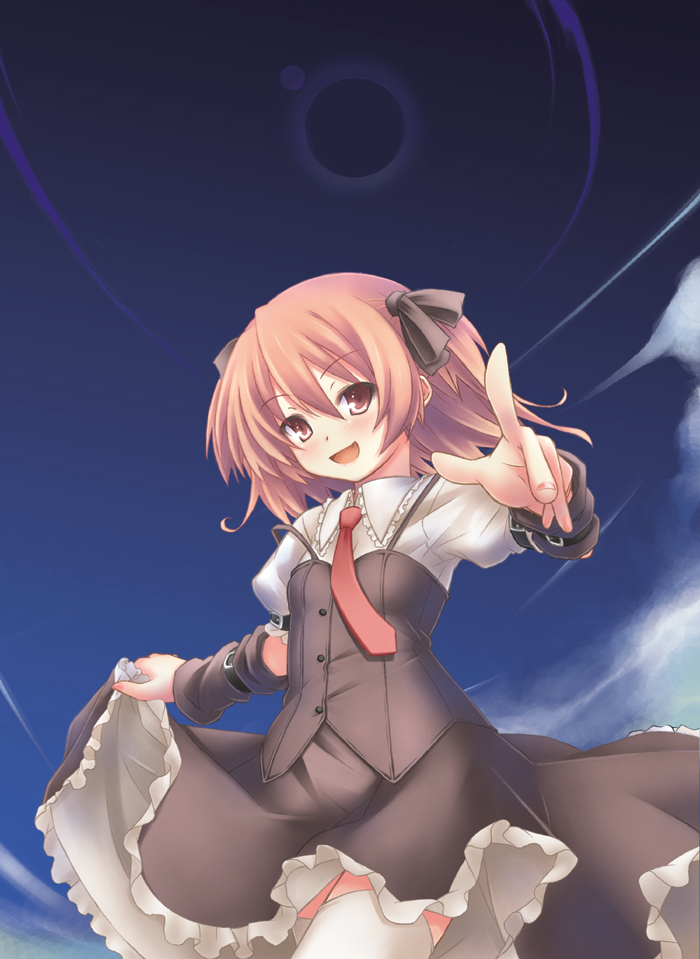 brown_eyes brown_hair hair_bow necktie open_mouth original outstretched_arm pointing raise_(ryo) reaching ryo short_hair skirt skirt_lift sky solo strap_slip thigh-highs thighhighs white_legwear