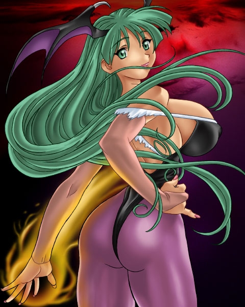 ass capcom darkstalkers demon_girl erect_nipples fire green_eyes green_hair head_wings headwings large_breasts long_hair morrigan_aensland nail_polish pantyhose sideboob smile standing vampire_(game) wings