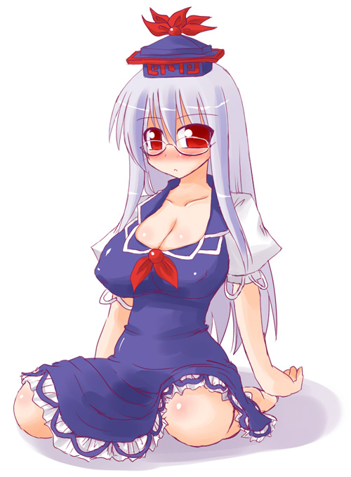 bespectacled blush breasts cleavage erect_nipples glasses hat huge_breasts kamishirasawa_keine kneeling long_hair red_eyes solo touhou