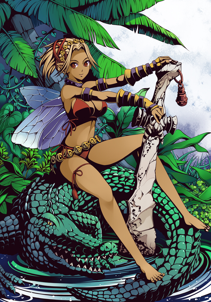 barefoot bikini blonde_hair collar crocodile dark_skin fairy feet jungle nature orange_eyes original pointy_ears red_eyes short_hair side-tie_bikini swimsuit sword torigoe_takumi weapon wings