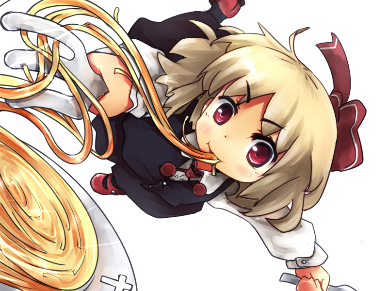 blonde_hair bow commentary dish eating food fork hair_bow holding holding_fork murani noodles red_eyes rumia short_hair solo touhou