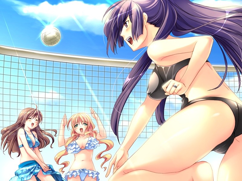 beach_volleyball bikini blonde_hair brown_hair closed_eyes game_cg green_eyes kashiwaba_tomoe_(tsuma_youji) kurimori_mina long_hair mizunashi_hatsumi multiple_girls net purple_eyes purple_hair sarong swimsuit tsuma_youji_2 violet_eyes volleyball volleyball_net