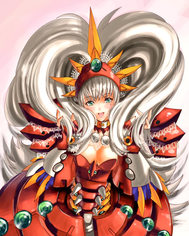 blush breasts green_eyes ialdabaoth ky lace long_hair mecha_musume silver_hair solo super_robot_wars super_robot_wars_compact_3 super_robot_wars_original_generation_gaiden very_long_hair