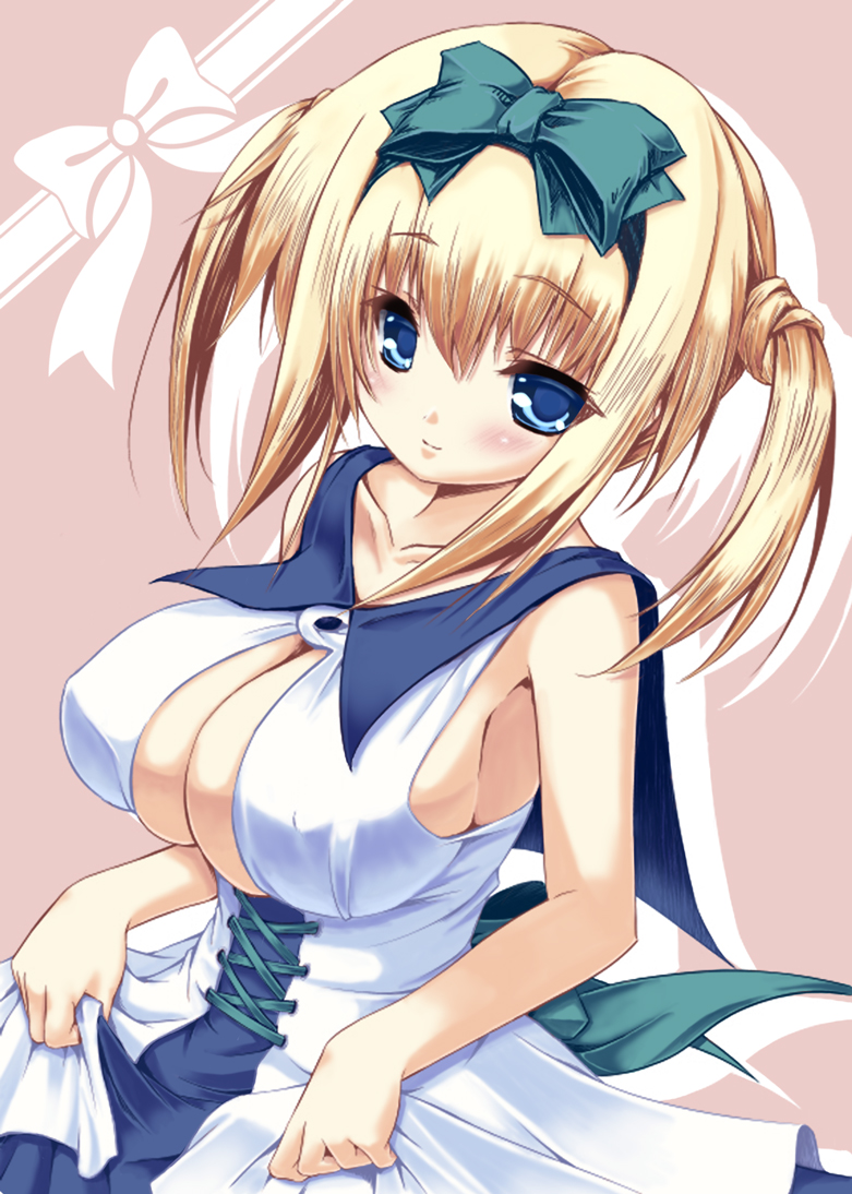 blonde_hair blue_eyes blush bow breasts cleavage dress erect_nipples hair_bow jpeg_artifacts large_breasts original popi_(pixiv) smile solo twintails