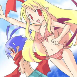 bikini blonde_hair blue_hair blush demon_girl disgaea disgaea_1 disgaea_2 disgaea_3 fallen_angel flat_chest flonne flonne_(fallen_angel) karina laharl long_hair lowres nippon_ichi pointy_ears red_eyes scarf shorts swimsuit tail wings