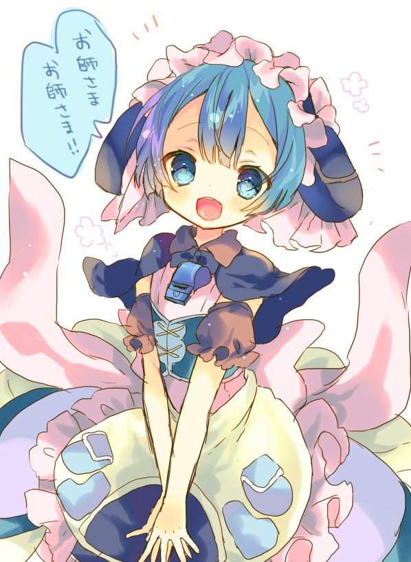 1boy :d apron blue_eyes blue_hair blush capelet detached_sleeves dress made_in_abyss maid maid_apron maid_headdress male_focus maruruk nekotorina open_mouth puffy_short_sleeves puffy_sleeves short_hair short_sleeves simple_background smile solo speech_bubble standing translation_request trap v_arms white_background