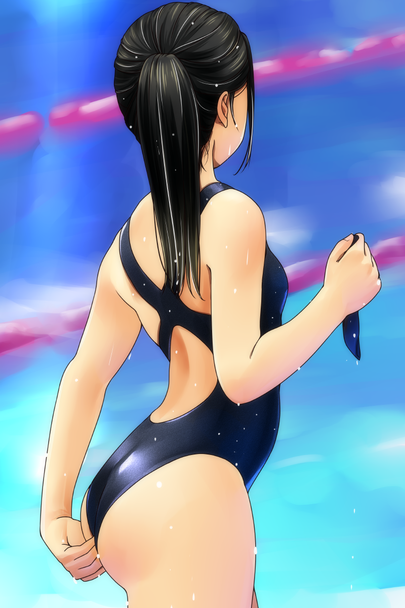 1girl adjusting_clothes adjusting_swimsuit ass competition_swimsuit cowboy_shot from_behind highres looking_away matsunaga_kouyou one-piece_swimsuit original ponytail pool solo swimsuit wet wet_clothes wet_hair