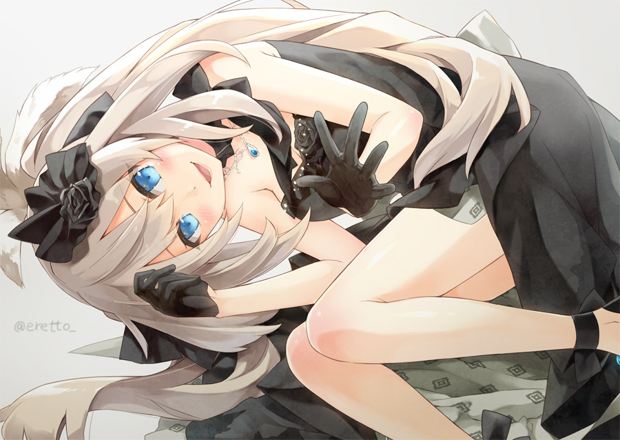 1girl :d bangs bare_arms bare_shoulders black_dress black_gloves black_rose blue_eyes blush breasts cleavage cowboy_shot detached_collar dress eretto eyebrows_visible_through_hair fate/grand_order fate_(series) feathers flower gem gloves hair_feathers hair_flower hair_ornament jewelry light_particles long_hair looking_at_viewer marie_antoinette_(fate/grand_order) medium_breasts necklace open_mouth pendant petals rose rose_petals silver_hair smile solo standing strapless strapless_dress twintails