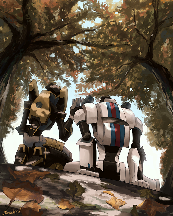 2boys autobot blue_sky day in_tree jazz_(transformers) leaf machinery multiple_boys nature no_humans outdoors plant prowl shokveyv sitting sitting_in_tree sky transformers transformers_animated tree under_tree